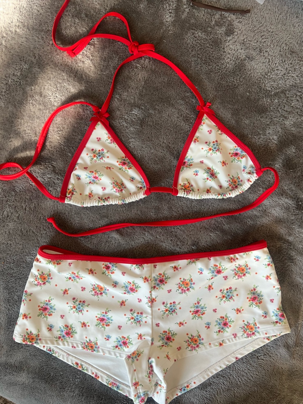 Forever 21 White Floral Triangle Bikini with Red Trim